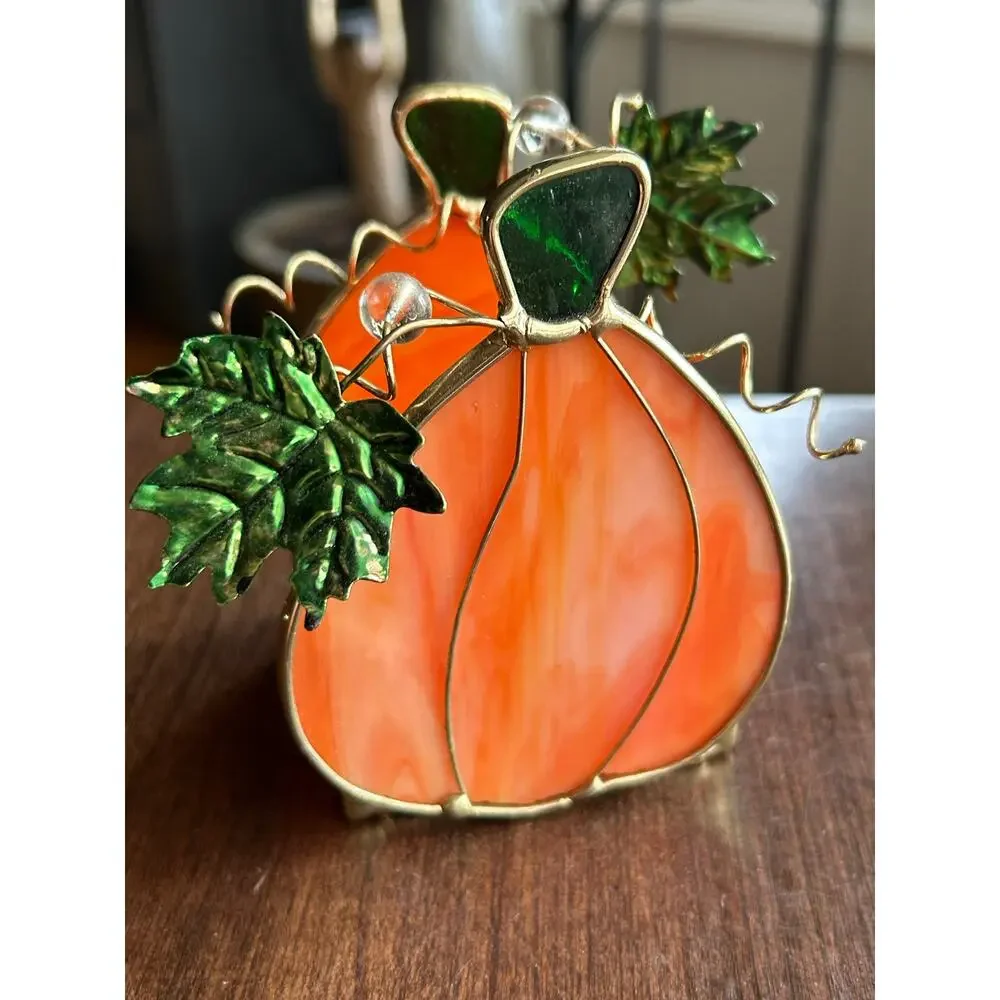 Vtg stained Glass Pumpkin Candleholder Tea Light Votive